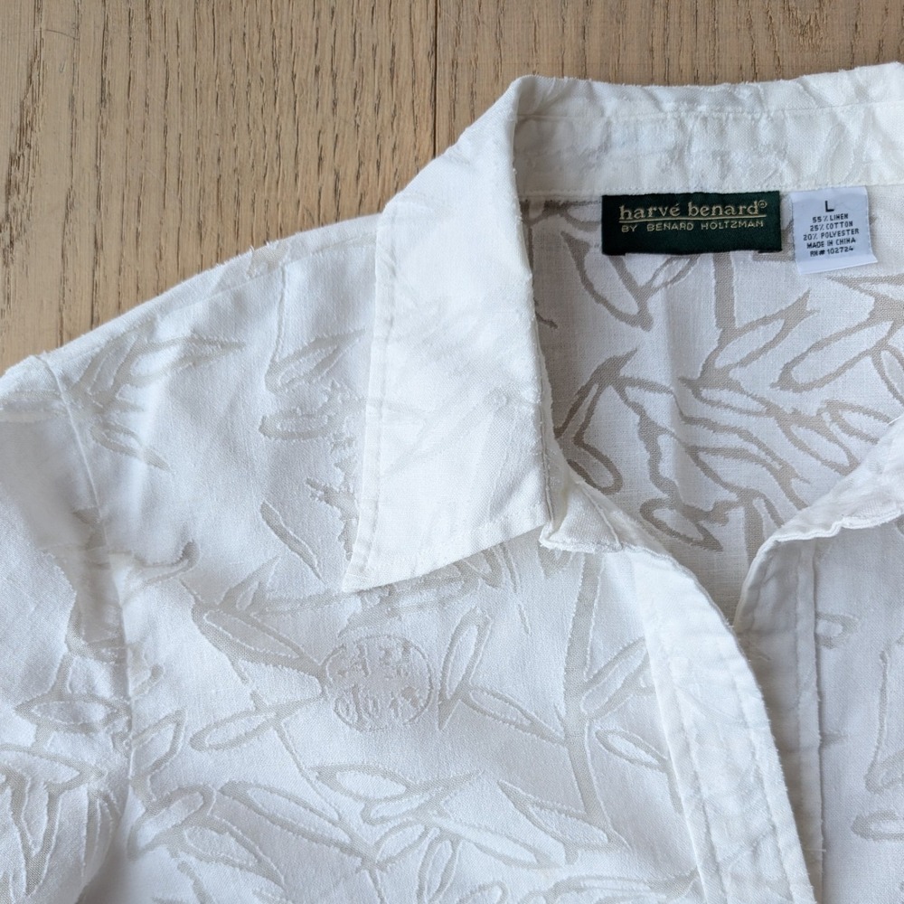 Harve Benard‎ Womens Linen Blend White Leaf Pattern Button Up 3/4 sleeve Shirt L - Picture 3 of 7